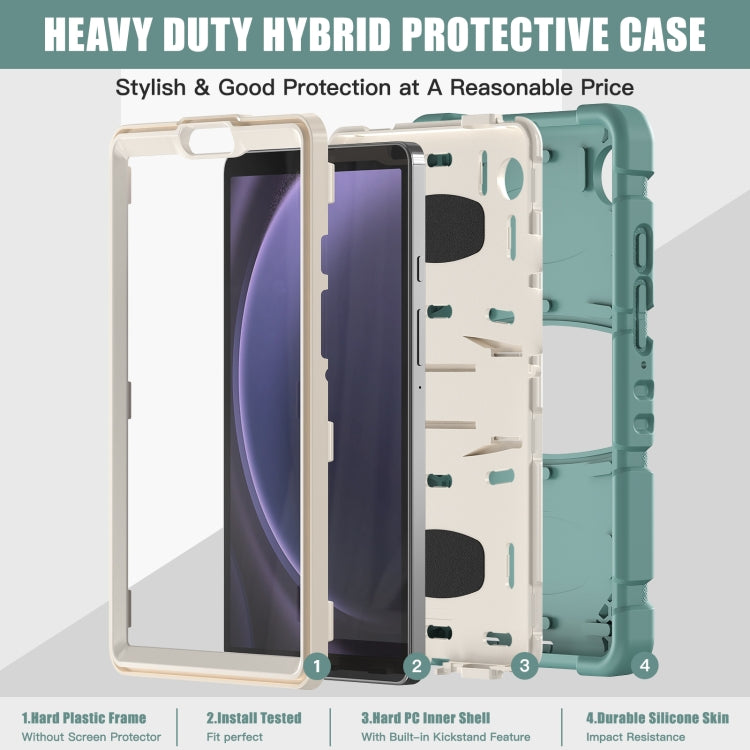 3-layer protection screen frame for Samsung Galaxy Tab A9, featuring hard PC covers and soft silicone shell for comprehensive protection.